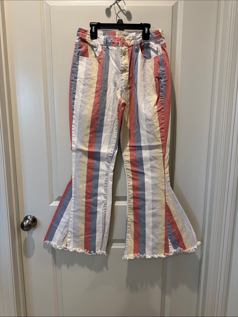 Striped Flare Jeans in Red, Blue, Yellow & Cream